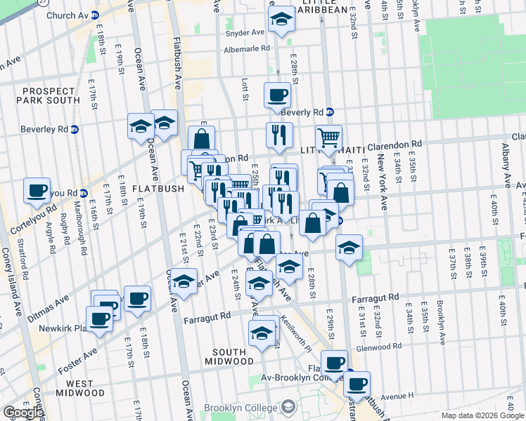 map of restaurants, bars, coffee shops, grocery stores, and more near 2502 Avenue D in Brooklyn