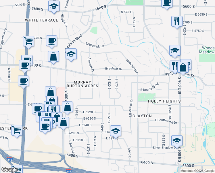 map of restaurants, bars, coffee shops, grocery stores, and more near 6098 South 520 East in Murray