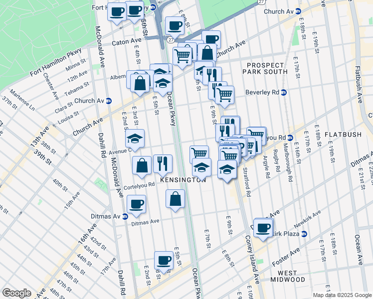 map of restaurants, bars, coffee shops, grocery stores, and more near 349 Ocean Parkway in Brooklyn
