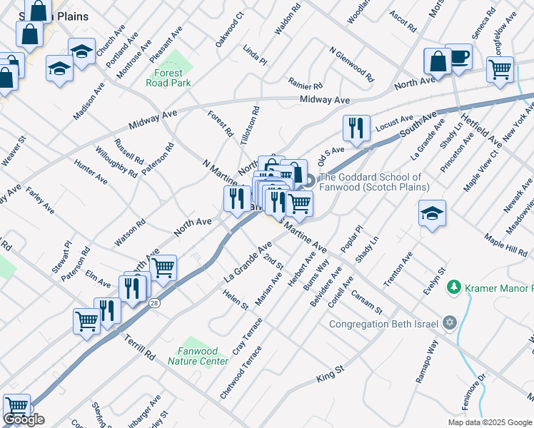 map of restaurants, bars, coffee shops, grocery stores, and more near 250 South Avenue in Fanwood