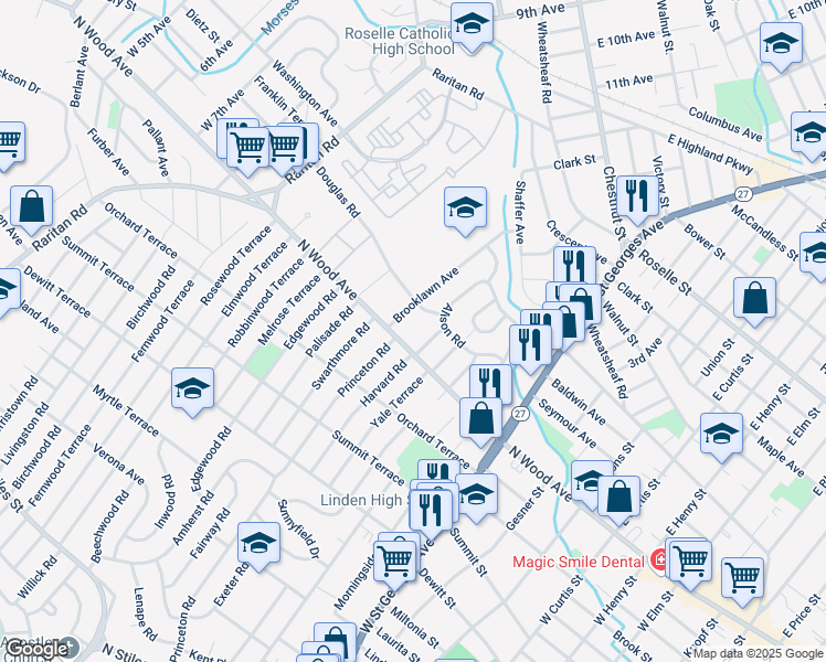 map of restaurants, bars, coffee shops, grocery stores, and more near 505 Brooklawn Avenue in Roselle