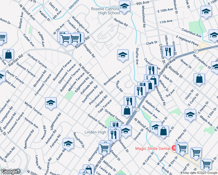 map of restaurants, bars, coffee shops, grocery stores, and more near 515 Brooklawn Avenue in Roselle