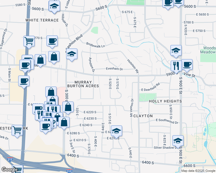 map of restaurants, bars, coffee shops, grocery stores, and more near 6098 South 520 East in Murray