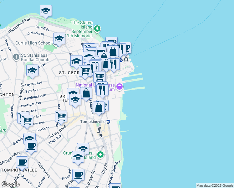 map of restaurants, bars, coffee shops, grocery stores, and more near 90 Bay Street in Staten Island