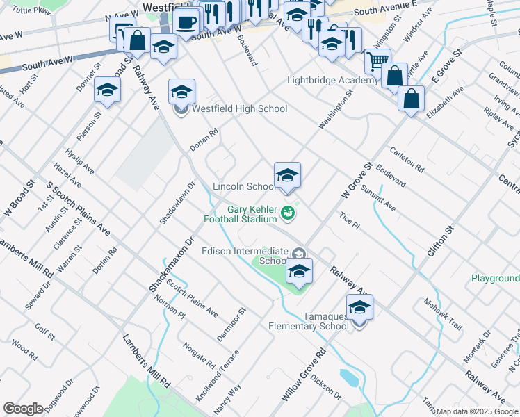 map of restaurants, bars, coffee shops, grocery stores, and more near 542 Washington Street in Westfield