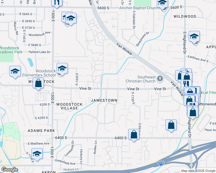 map of restaurants, bars, coffee shops, grocery stores, and more near 6061 Seville Vista Cove in Murray