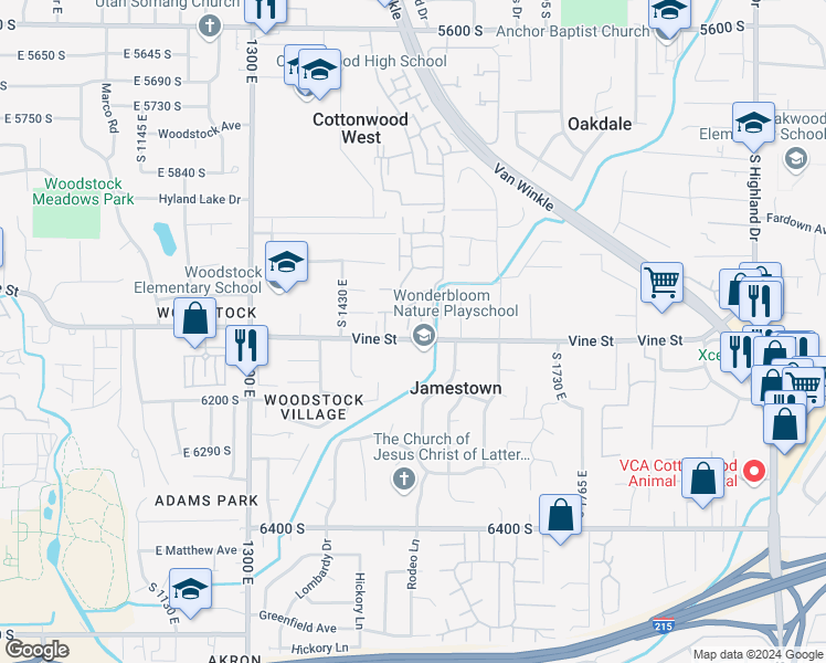 map of restaurants, bars, coffee shops, grocery stores, and more near 6066 South 1480 East in Murray