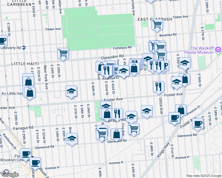 map of restaurants, bars, coffee shops, grocery stores, and more near 581 East 42nd Street in Brooklyn