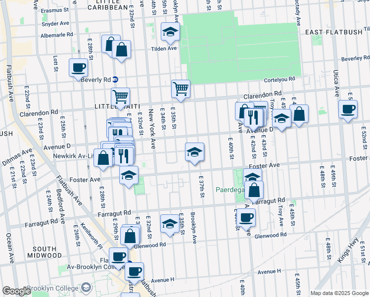 map of restaurants, bars, coffee shops, grocery stores, and more near 1319 Brooklyn Avenue in Brooklyn