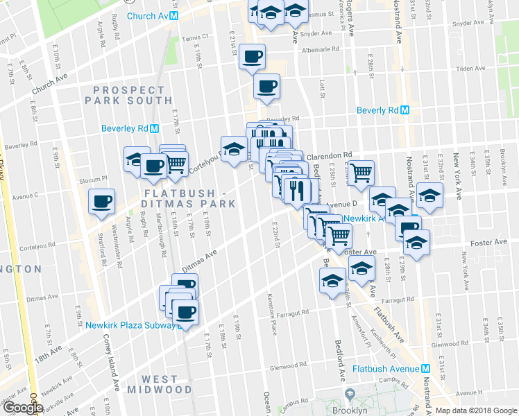 map of restaurants, bars, coffee shops, grocery stores, and more near 440 East 22nd Street in Brooklyn
