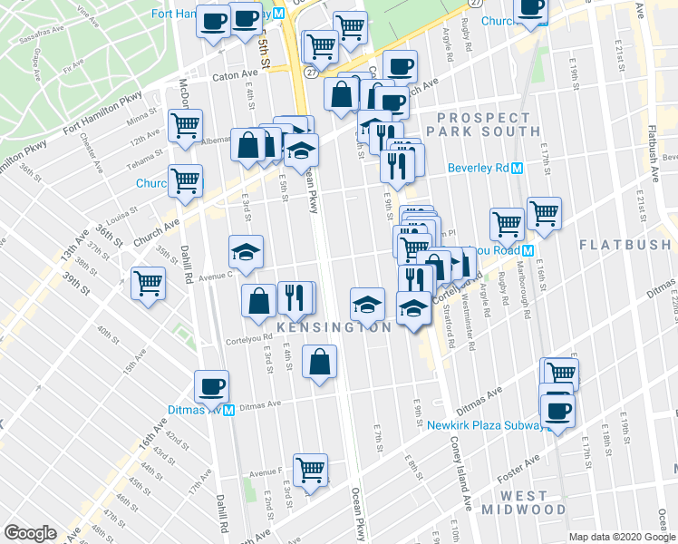map of restaurants, bars, coffee shops, grocery stores, and more near 696 Avenue C in Brooklyn