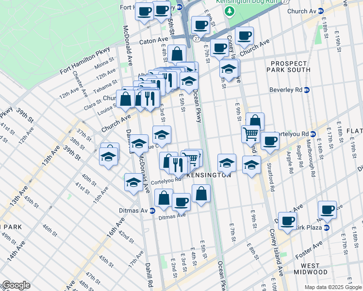 map of restaurants, bars, coffee shops, grocery stores, and more near 433 East 4th Street in Brooklyn