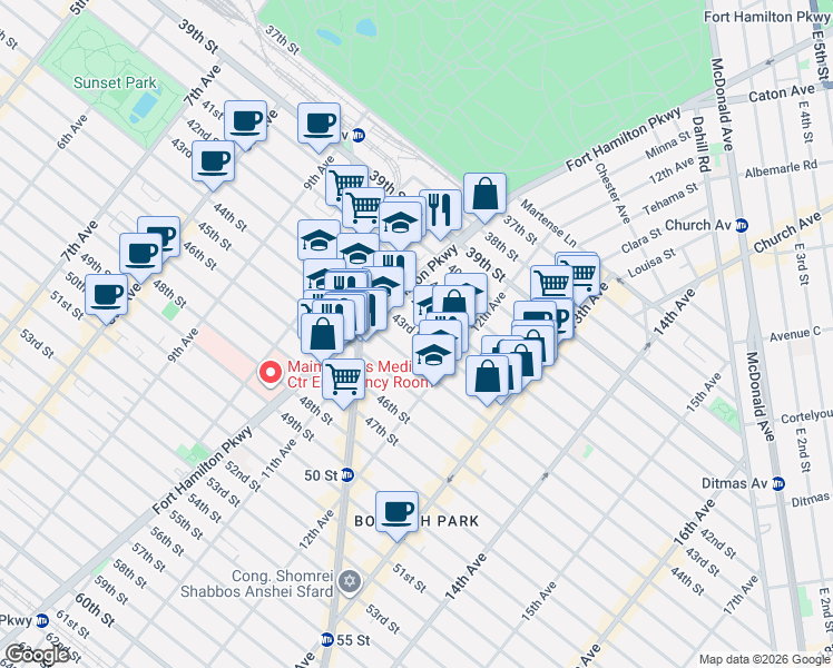 map of restaurants, bars, coffee shops, grocery stores, and more near 1128 42nd Street in Brooklyn
