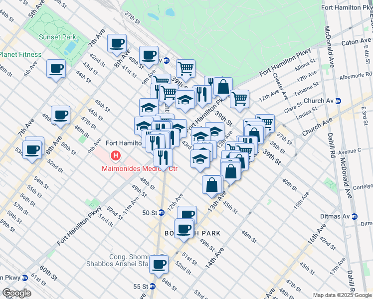 map of restaurants, bars, coffee shops, grocery stores, and more near 1128 42nd Street in Brooklyn