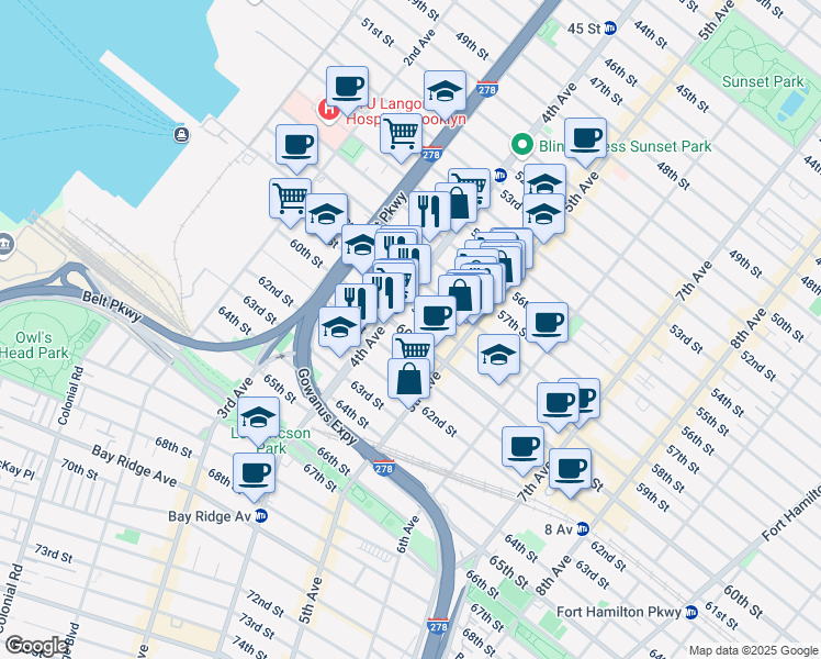 map of restaurants, bars, coffee shops, grocery stores, and more near 414 59th Street in Brooklyn