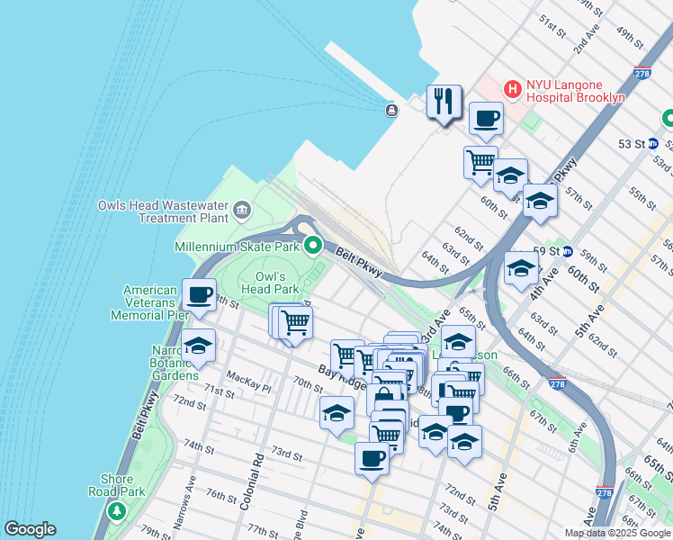 map of restaurants, bars, coffee shops, grocery stores, and more near 102 Wakeman Place in Brooklyn