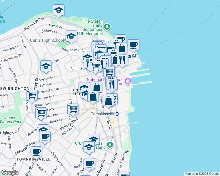 map of restaurants, bars, coffee shops, grocery stores, and more near 48 Bay Street in Staten Island