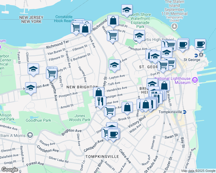 map of restaurants, bars, coffee shops, grocery stores, and more near 99 Taft Avenue in Staten Island