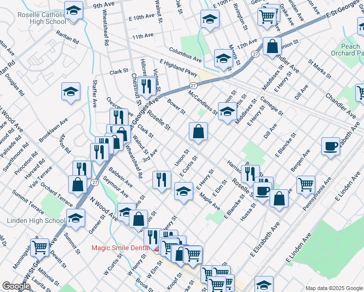 map of restaurants, bars, coffee shops, grocery stores, and more near 1204 Roselle Street in Linden