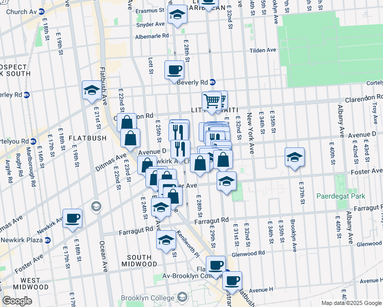 map of restaurants, bars, coffee shops, grocery stores, and more near 2811 Avenue D in Brooklyn