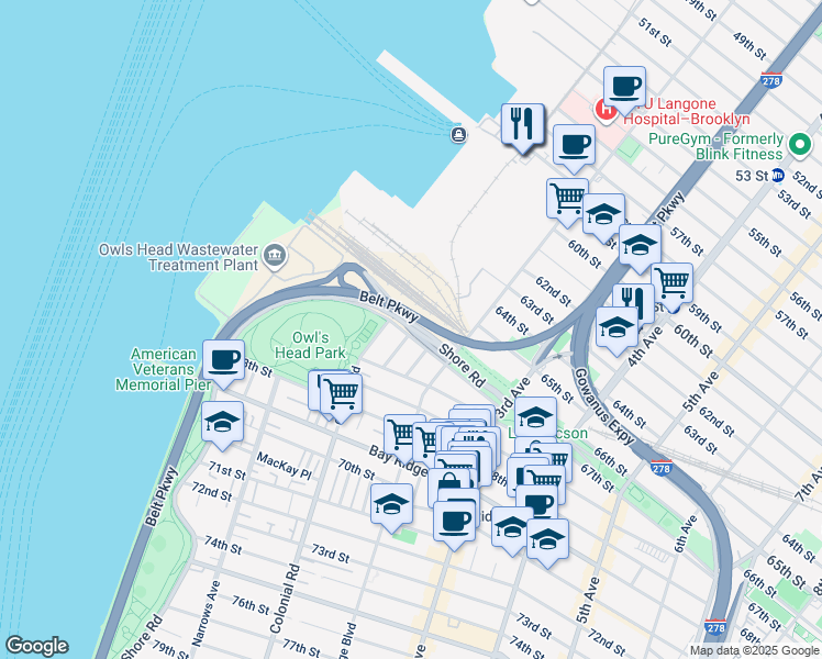 map of restaurants, bars, coffee shops, grocery stores, and more near Shore Road in Brooklyn