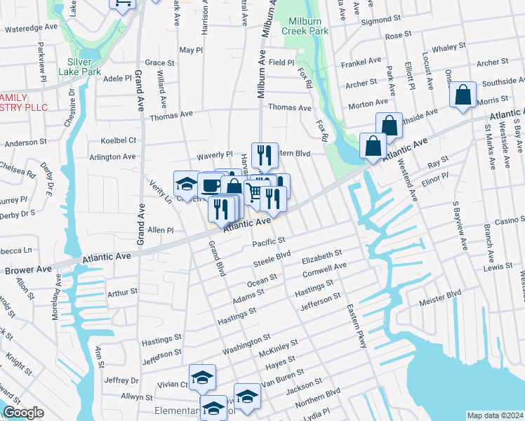 map of restaurants, bars, coffee shops, grocery stores, and more near 2875 Milburn Avenue in Baldwin