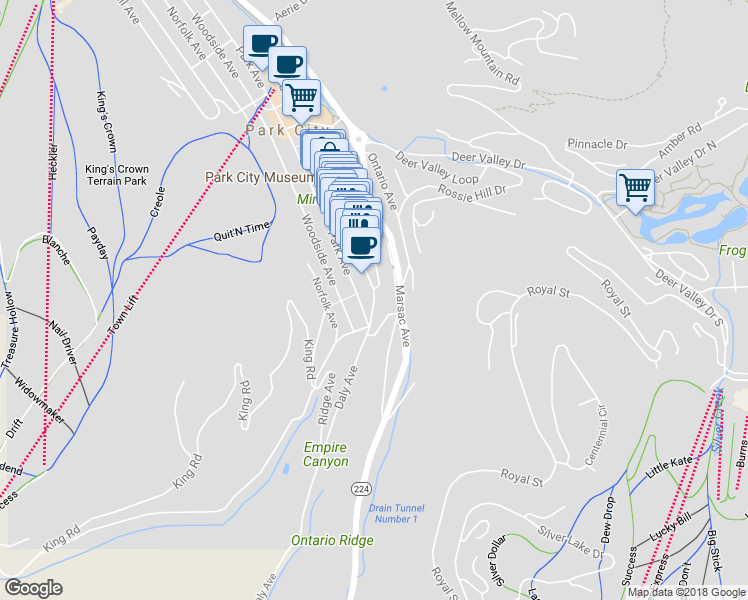 map of restaurants, bars, coffee shops, grocery stores, and more near 139 Main Street in Park City