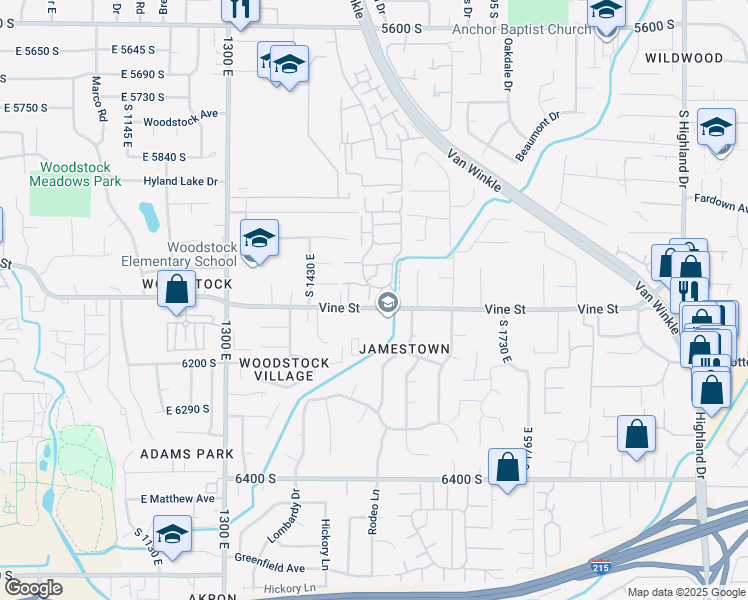map of restaurants, bars, coffee shops, grocery stores, and more near 6066 South 1480 East in Murray