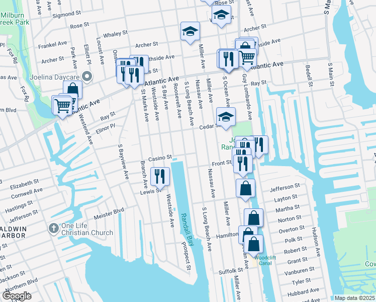 map of restaurants, bars, coffee shops, grocery stores, and more near 294 Roosevelt Avenue in Freeport