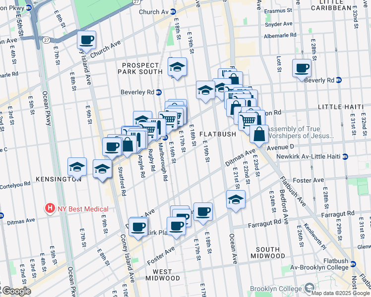 map of restaurants, bars, coffee shops, grocery stores, and more near 1705 Dorchester Road in Brooklyn