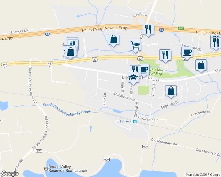 map of restaurants, bars, coffee shops, grocery stores, and more near 60 Brunswick Avenue in Lebanon