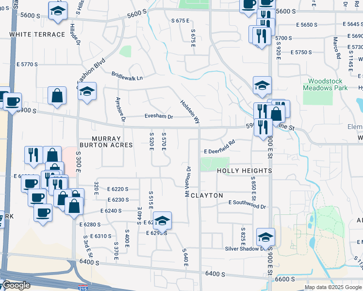 map of restaurants, bars, coffee shops, grocery stores, and more near 5947 South 620 East in Murray