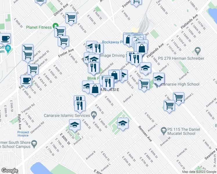 map of restaurants, bars, coffee shops, grocery stores, and more near 9001 Flatlands Avenue in Brooklyn