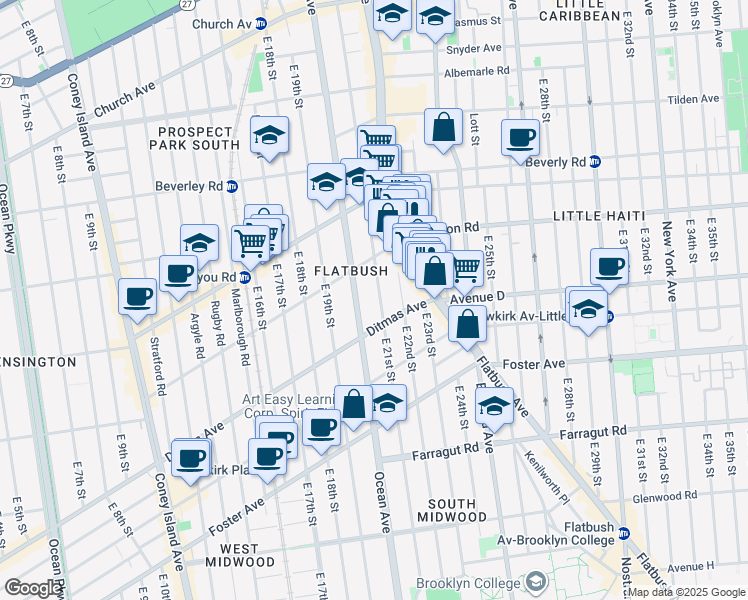 map of restaurants, bars, coffee shops, grocery stores, and more near 548 East 21st Street in Brooklyn