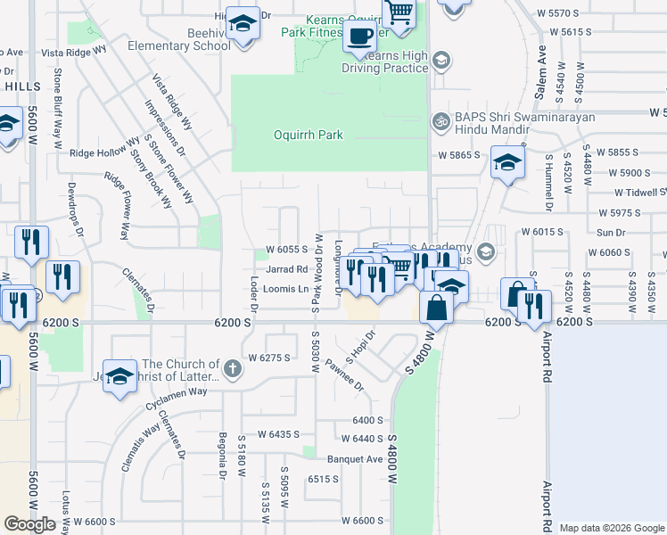 map of restaurants, bars, coffee shops, grocery stores, and more near 6092 Longmore Drive in Kearns