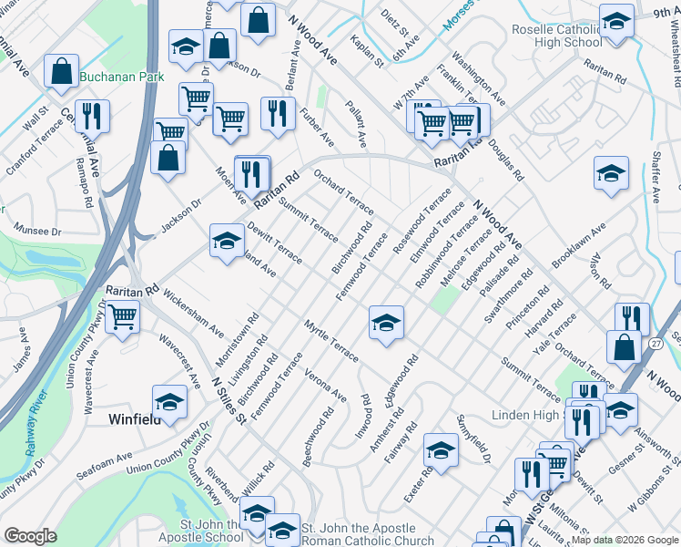 map of restaurants, bars, coffee shops, grocery stores, and more near 218 Birchwood Road in Linden