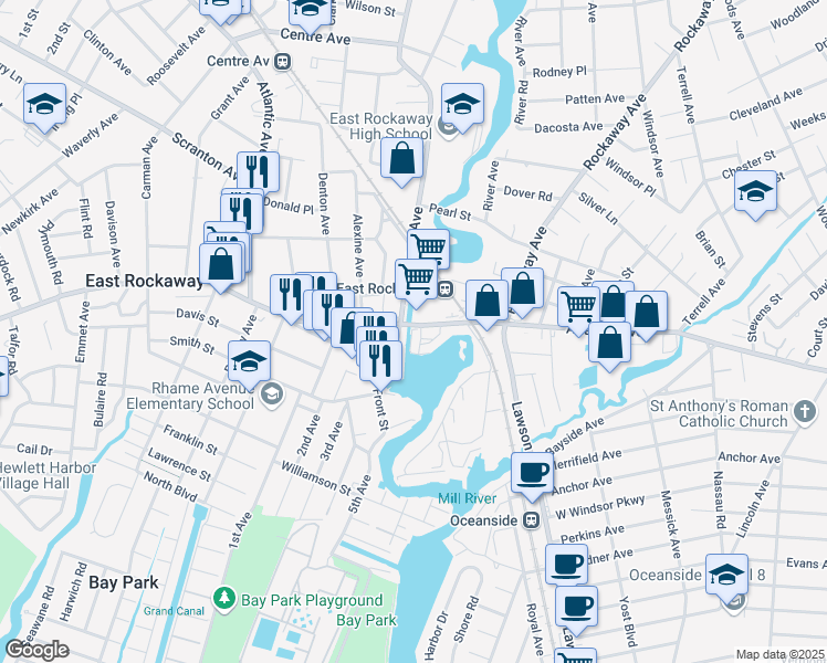 map of restaurants, bars, coffee shops, grocery stores, and more near 1 Atlantic Avenue in East Rockaway