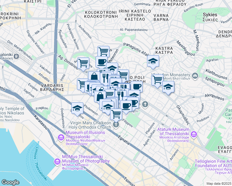 map of restaurants, bars, coffee shops, grocery stores, and more near in Thessaloniki