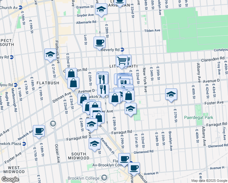 map of restaurants, bars, coffee shops, grocery stores, and more near 2811 Avenue D in Brooklyn