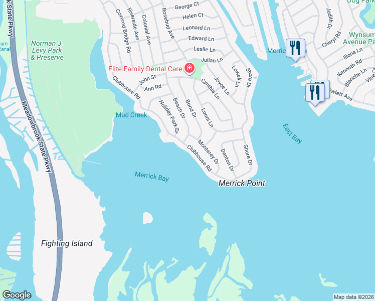 map of restaurants, bars, coffee shops, grocery stores, and more near 3045 Beach Drive in Merrick