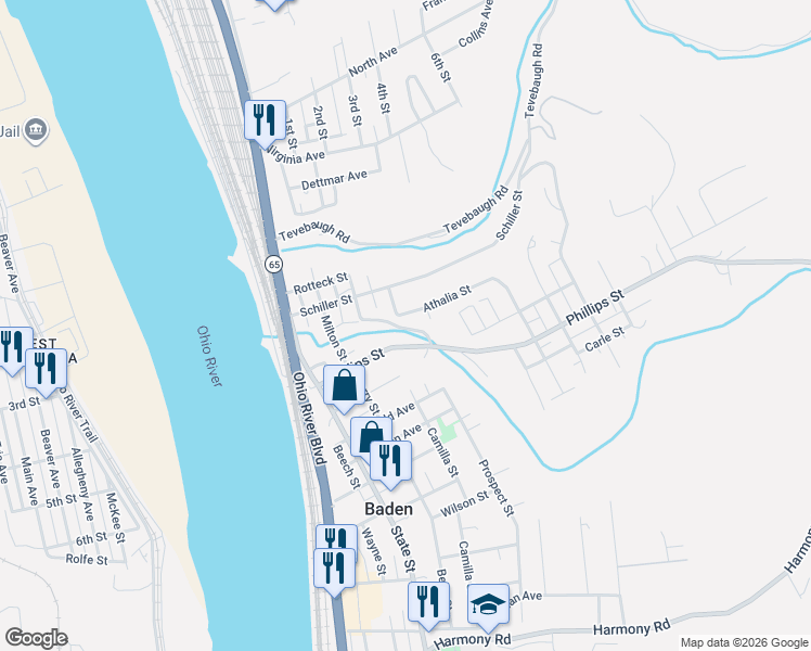 map of restaurants, bars, coffee shops, grocery stores, and more near 711 Athalia Street in Baden