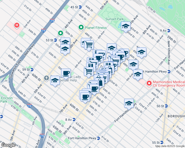 map of restaurants, bars, coffee shops, grocery stores, and more near 5205 7th Avenue in Brooklyn