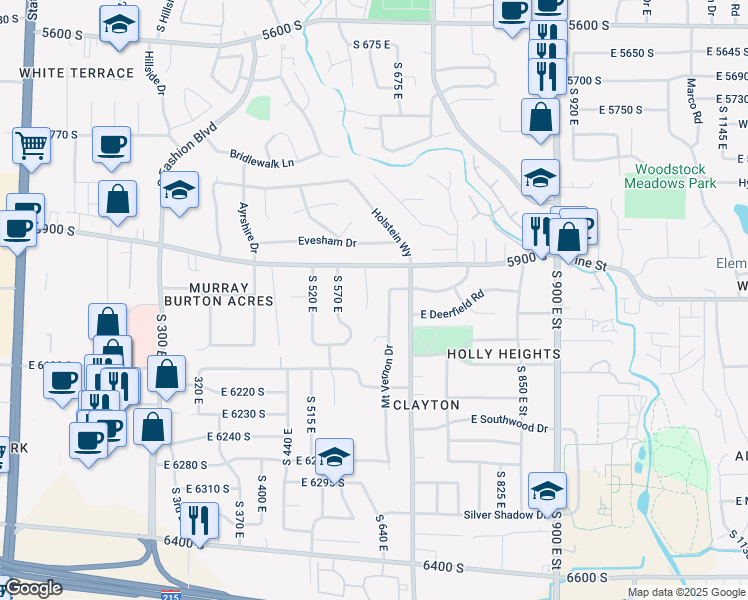 map of restaurants, bars, coffee shops, grocery stores, and more near 5947 South 620 East in Murray
