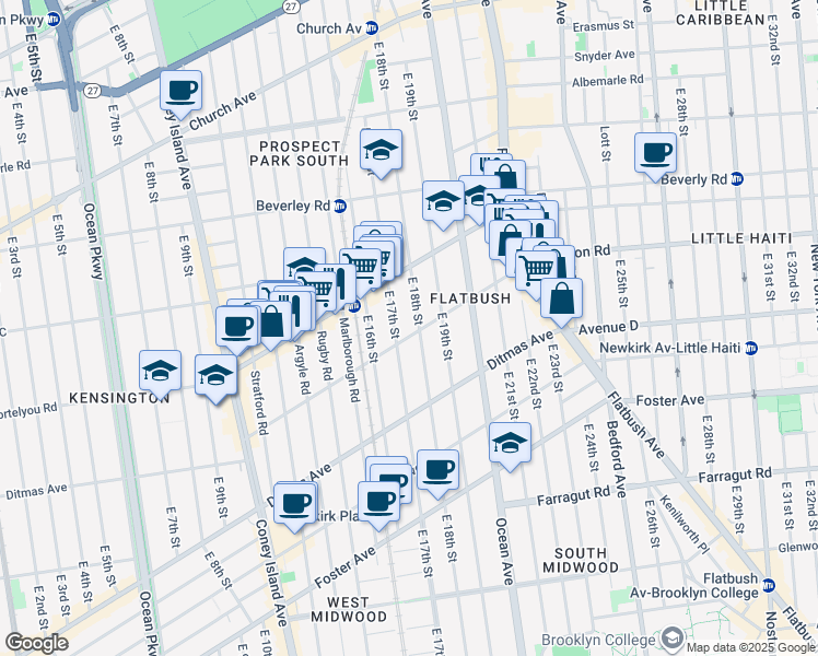 map of restaurants, bars, coffee shops, grocery stores, and more near 1715 Dorchester Road in Brooklyn