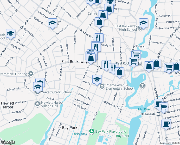 map of restaurants, bars, coffee shops, grocery stores, and more near 74 Davis Street in East Rockaway