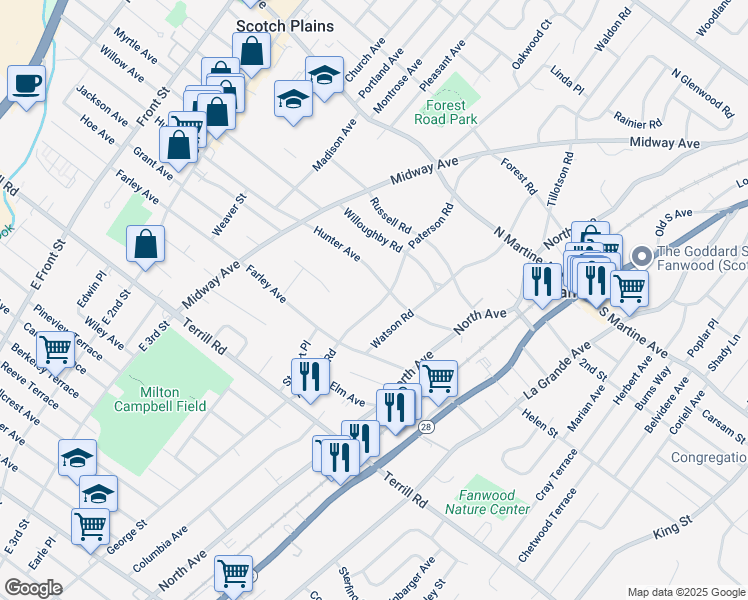 map of restaurants, bars, coffee shops, grocery stores, and more near 121 Paterson Road in Fanwood