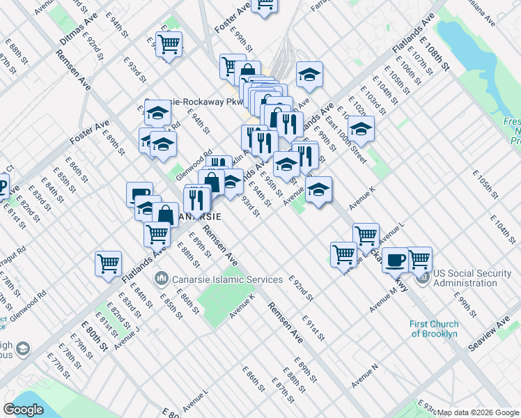 map of restaurants, bars, coffee shops, grocery stores, and more near 1214 East 94th Street in Brooklyn