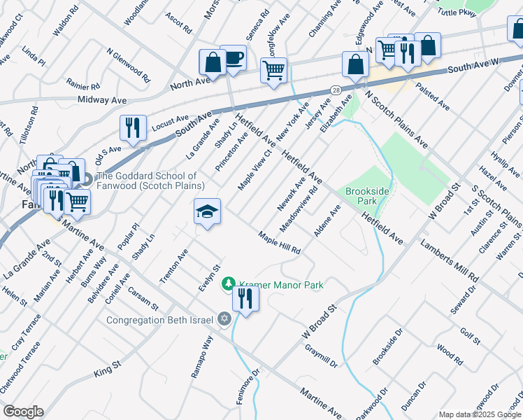 map of restaurants, bars, coffee shops, grocery stores, and more near 2076 Elizabeth Avenue in Scotch Plains