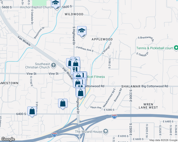 map of restaurants, bars, coffee shops, grocery stores, and more near 6060 South 2075 East in Holladay