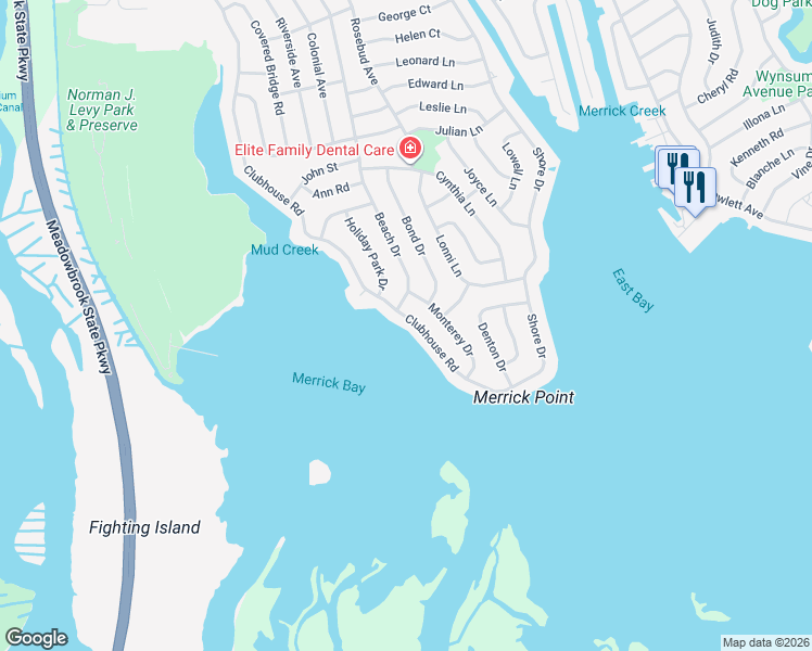 map of restaurants, bars, coffee shops, grocery stores, and more near 3045 Beach Drive in Merrick